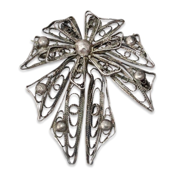Vintage Fine Silver Cannetille Bow Brooch Pin Intricate Filigree Openwork Estate - Picture 1 of 5